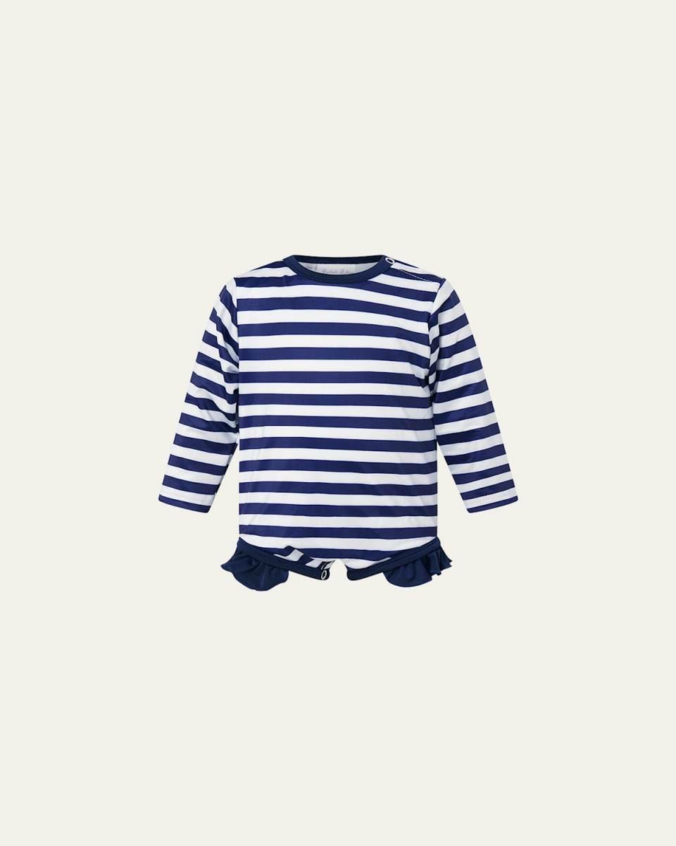 Girl's Breton Stripe Frill Rashguard One-Piece Swimsuit, Size 6M-24